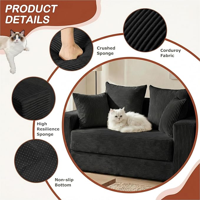 5 in 1 Convertible Sofa BedSmall Boneless Couch Pull Out Loveseat Sleeper SofaCorduroy Futon Couch Folding Mattress with 4 Pillows for Living Room Bedroom Lounge (No Assembly)