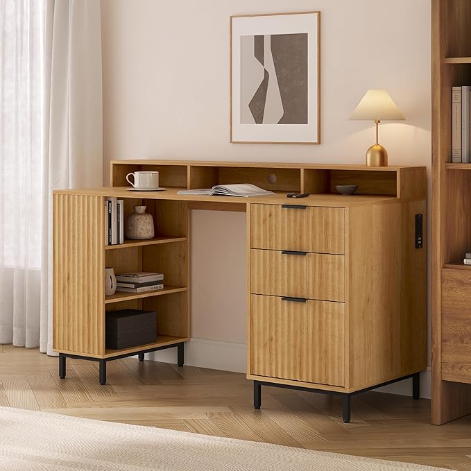 55'' Fluted Executive Desk with Drawers Modern Home Office Computer Desk with Charging Station File Drawer Monitor Stand Storage Shelf for Work Writing Study Natural Oak