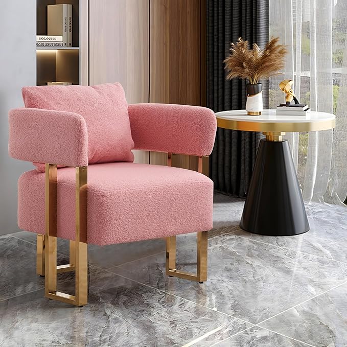 Oversized Pink Teddy Accent Chair Modern Barrel Chair with Gold Legs Metal Frame Upholstered Armchair for Bedroom Living Room Sofa Chair Club Side Chairs Home/Business (Set of 2 Pink)
