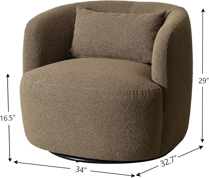 KINWELL 34 Wide Sherpa Swivel Barrel Chair No Assembly Round Boucle Upholstered Accent Chair Armchair Single Sofa Chair with Toss Pillow for Living Room and Bedroom Teddy Brown