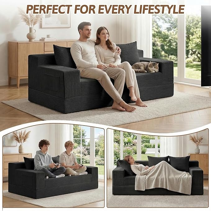 78 Convertible Sofa Bed Foldable Floor Couch Futon SofaHigh-Density Sponge Boneless Couch 3 Seater Sleeper Couch with 3 Pillows for Living Room Bedroom Lounge (Black)