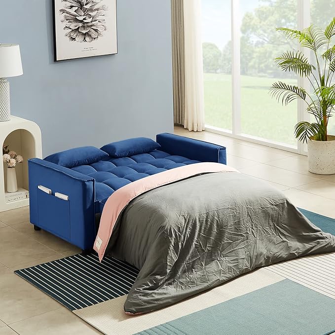 Sleeper Sofa Couch w/Pull Out Bed 55 Modern Velvet Convertible Sleeper Sofa Bed Small Love seat Sofa Bed with 2 Pillows &amp Side Pockets for Small Space Living Room Apartment Blue