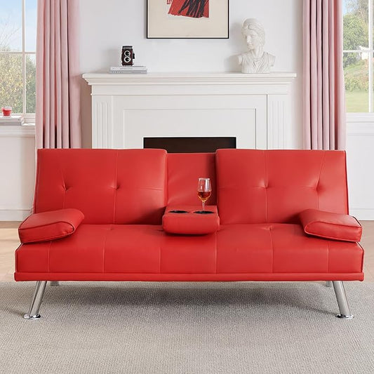 Modern Futon Sofa Bed 67 Inch Leather Convertible Futon Couch Loveseat Sleeper for Small SpacesComfy Folding Recliner Couches for Living Room Adjustable Backrest2 Cup HoldersMetal Legs (RED)