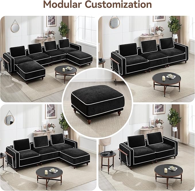 146 Modular Sectional U Shaped Couch with 2 Movable Ottoman Oversized 4-Seater Cloud Sofa for Living Room Comfy Deep Seat Couches with Thicked Cushion and Metal Armrests Chenille Black