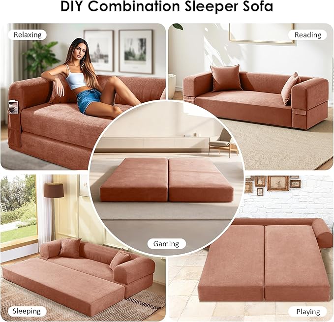80 Convertible Sofa Bed Corduroy Deep Seat Folding Pull Out Couch with Pillows No Assembly Modern Boneless Couch Compression Sofa in Box Floor Sofa with Storage Pocket for Living RoomPink