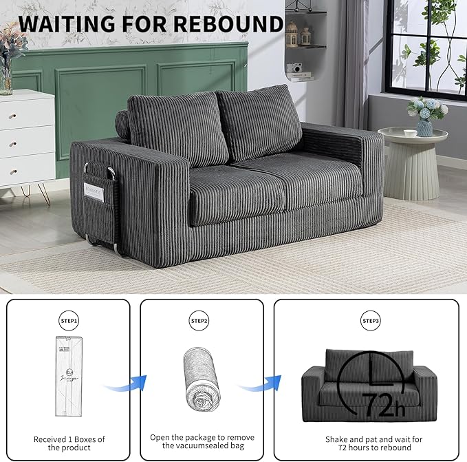 J.C.UP 69'' Convertible Sofa Bed Pull Out Loveseat Sleeper Sofa 2 Seater Boneless Folding Sofa Bed Floor Couch with Deep Seat Chaise Lounge for Living Room Bedroom No Assembly Required Gray