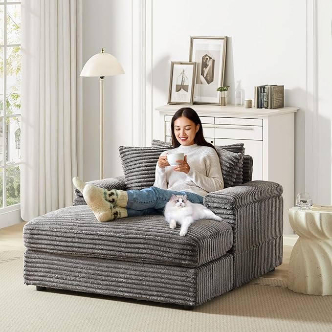 Chaise Lounge Chair Indoor 44 Inch Comfy Corduroy Sectional Cloud Couch Upholstered Single Sofa w/Movable Ottoman for Living Room Bedroom Apartment Grey