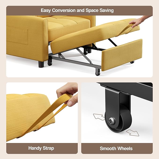 Ahomly Convertible Sleeper Chair Sofa Bed with 3-in-1 Design Adjustable Backrest and Storage Pocket for Living Room Yellow