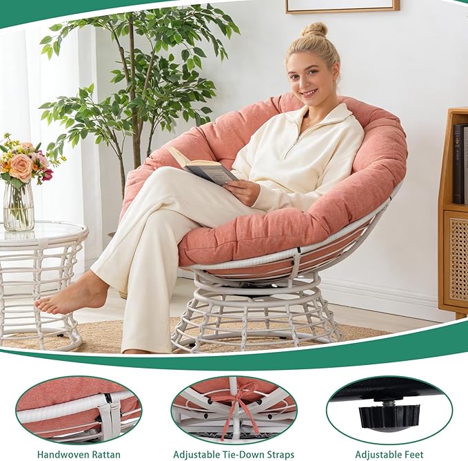 43 Ergonomic 360° Swivel Papasan Chair Wicker Round Chair with Thick Cushion Lounge Chair for Living Room Bedroom Reading Nook Indoor Outdoor Use Orange Cloud &amp White Frame