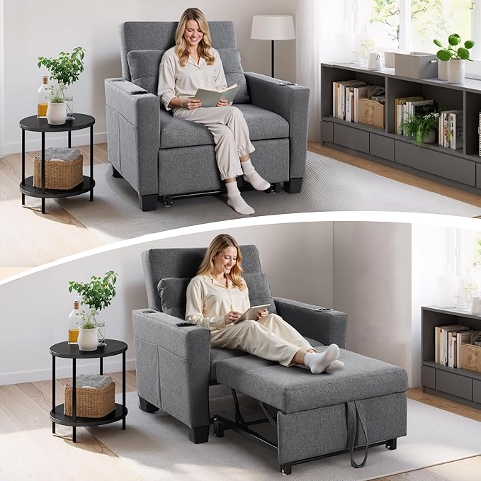 FLEXISPOT XCT2 Sleeper Chair Bed Sofa Bed Chair 3 in 1 w/USB Port Pillow Cup Holders Convertible Pull Out Bed W/Adjustable Backrest for Living Room Apartment Small Space Grey