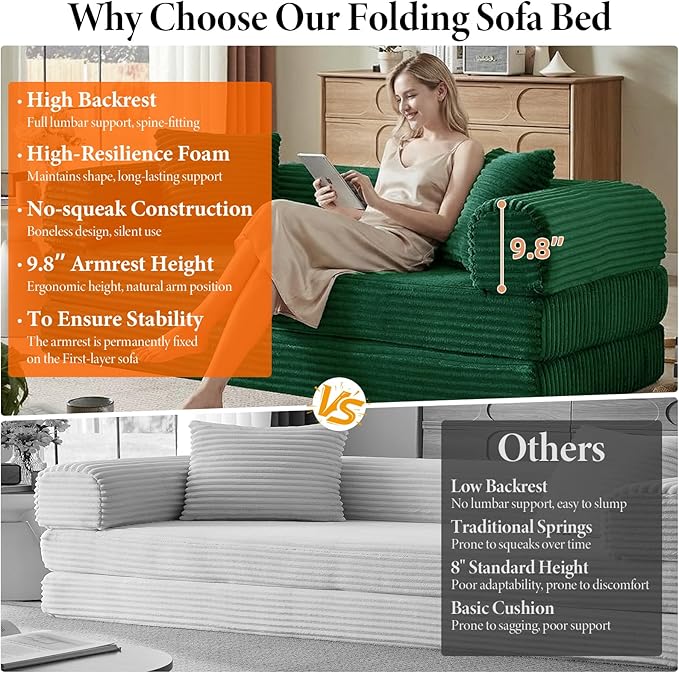 Convertible Futon Sofa Bed Fold Out Floor Sofa Couch with Sleeper SofaFolding Boneless Couches with Deep SeatCloud Corduroy Foldable Mattress Couch for Living Room (Green)
