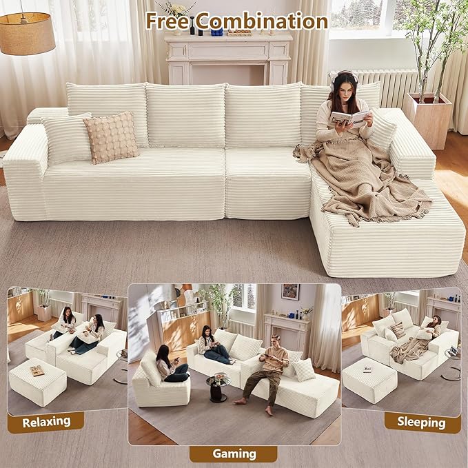 135 Cloud Sectional Couch with L-Shape Chaise Modern Modular Comfy Sofa Chaise Longue Upholstered Corduroy Couches Sleeper with Deep Seat for Living Room Bedroom No Assembly Required White