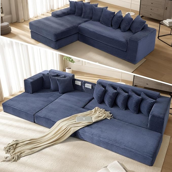 110 Boneless Couches for Living Room Cloud Modular Sectional Sofa Bed Customizable Convertible Sleeper Sofa Plush Corduory Folding Futon Floor Couch No Assembly(BlueLeft)