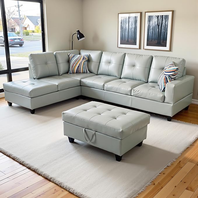 L Shaped Couch PU Leather Sectional Couches for Living Room 3 Pieces Modular Sectional Sofa with Chaise Ottoman with Storage for Living Room and Small Apartment Silver Green