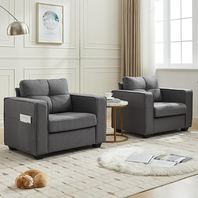 TYBOATLE Oversized Accent Chair w/Side Pockets Modern Tufted Upholstered Living Room Chair Comfy Arm Chair Linen Fabric Reading Waiting Room Chairs for Bedroom Apartment Office