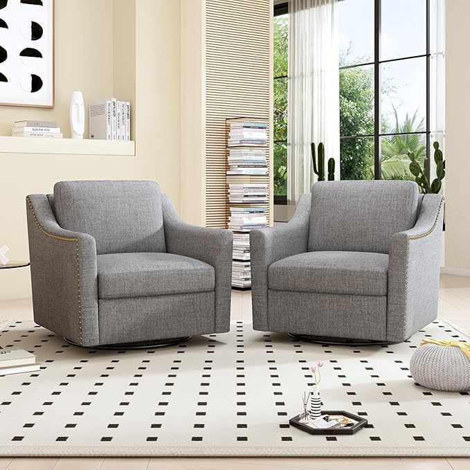 QMIT Cotton Linen Fabric 360° Swivel Accent ChairBarrel Chairs for Bedroom Living Room (Light Gray)