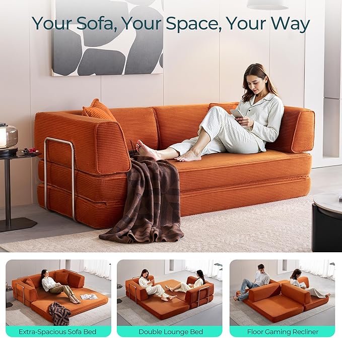 LINSY HOME Sofa Bed Couch - Convertible Boneless Couch Bed with 2 Pillow (Orange) | Folding Sofa Bed Corduroy Material No Assembly Compressed Sofa Couch in a Box