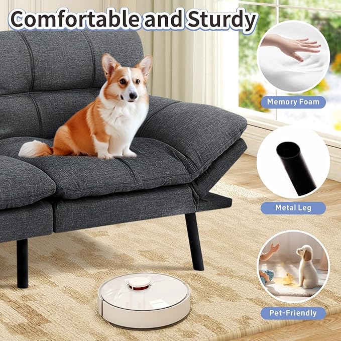 MUUEGM Futon Sofa Bed Memory Foam Dark Grey Futons Modern Office Couch Sleeper Bed Convertible Love seat Sofa for Small SpacesApartmentOffice with Adjustable Armrest Backrest