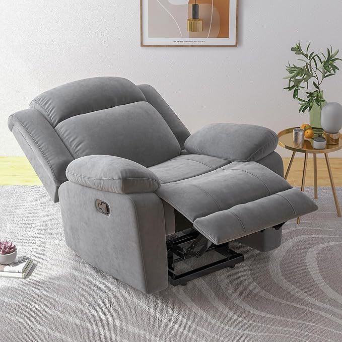 2Pcs Manual Rocker Recliner Chair Comfy Short Plush Glider Rocking Recliner with Overstuffed Lumbar Support Upholstered Reclining Sofa Chair for Living Room Grey