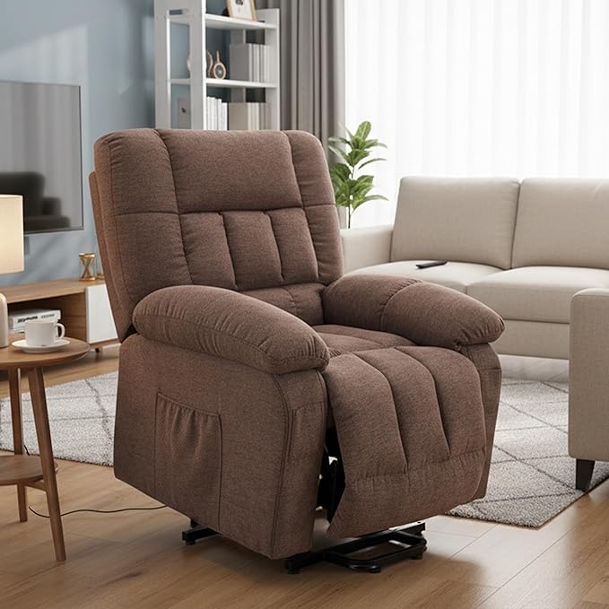 HealSmart Power Lift Recliner Chair with Massage &amp Heat Overstuffed Fabric Reclining Chair with Remote Side Pockets for Living Room &amp Bedroom Brown