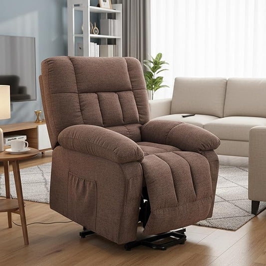 HealSmart Power Lift Recliner Chair with Massage &amp Heat Overstuffed Fabric Reclining Chair with Remote Side Pockets for Living Room &amp Bedroom Brown