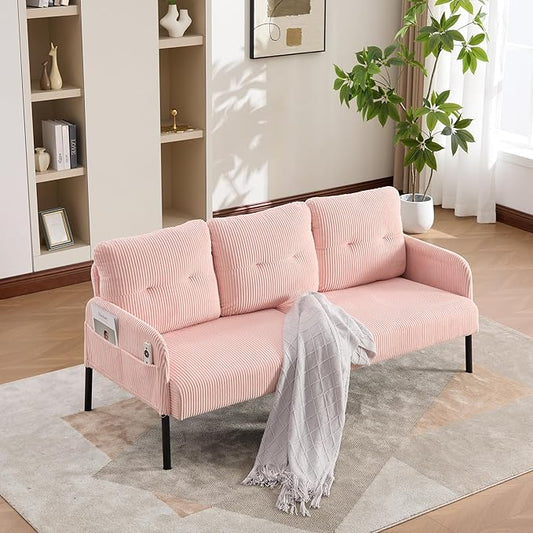KEIKI 67 Corduroy Loveseat Sofa with Double Side Pockets &amp High Resilience Cushion Modern Style Upholstery Oversized 2-Seater Couch with Metal Legs Easy Assembly for Living Room Pink