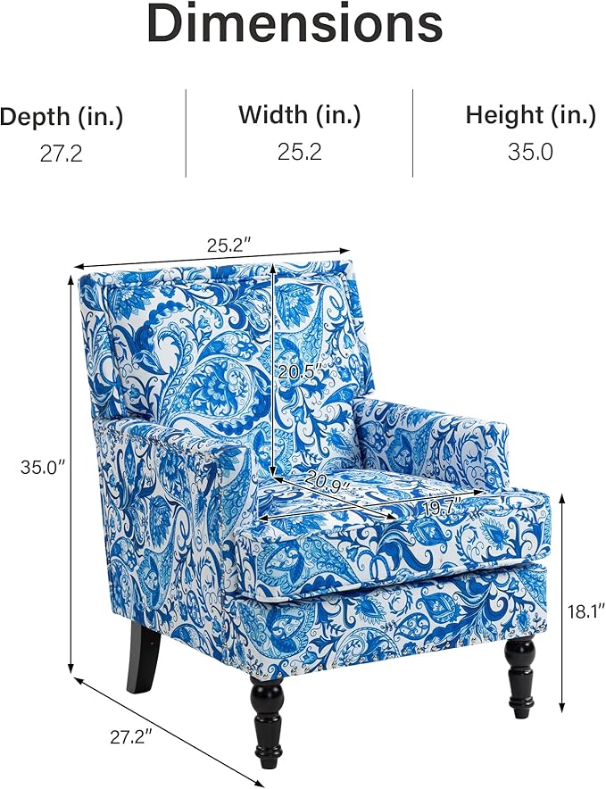 Vintage Upholstered Mid Century Accent Armchair with Solid Wood Frame &amp Plush Cushion for Living Room Bedroom Office - Blue Porcelain Print