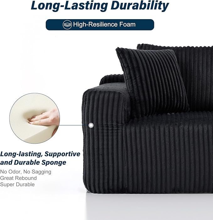 3 Seater L Shaped Sofa with Deep Seat 101 Cloud Sectional Couch with Chaise Cozy Modular Couches Sleeper Oversized Corduroy Sofa for Living Room Bedroom Apartment Black