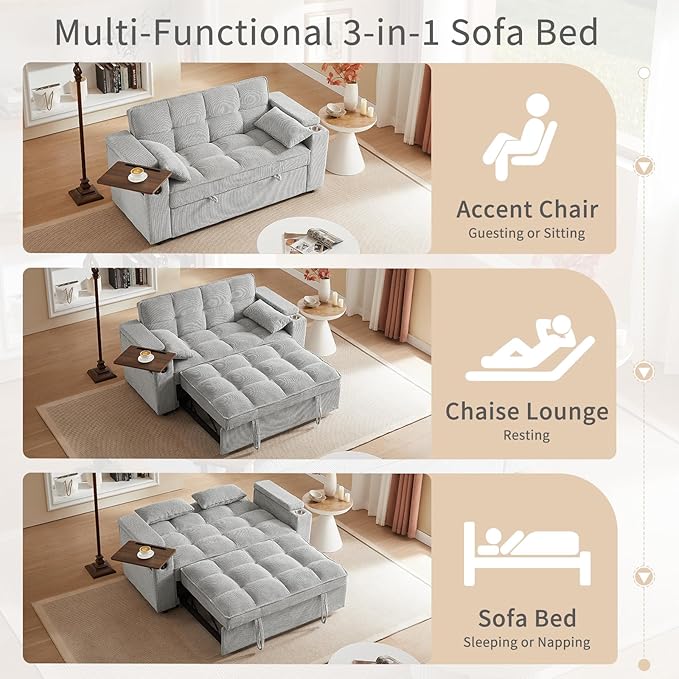 3-in-1 Convertible Sleeper Sofa Couch 65.35 Grainy Corduroy Fabric Pullout with 360° Swivel Side Table Charging Port &amp Storage Box Easy to Assemble for Living Room