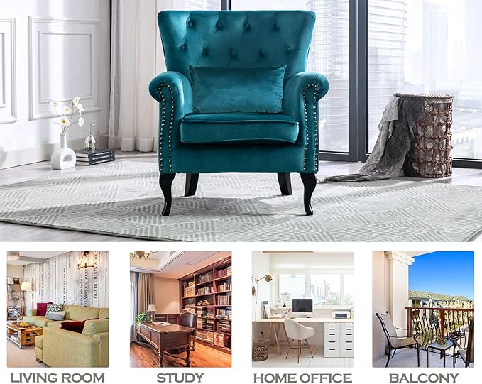 Kmax Velvet Club Chair Tufted Throne Chair Mid Century Accent Wingback Chair Padded Seating Wood Legs Home Club Bedroom Living Room Teal Blue