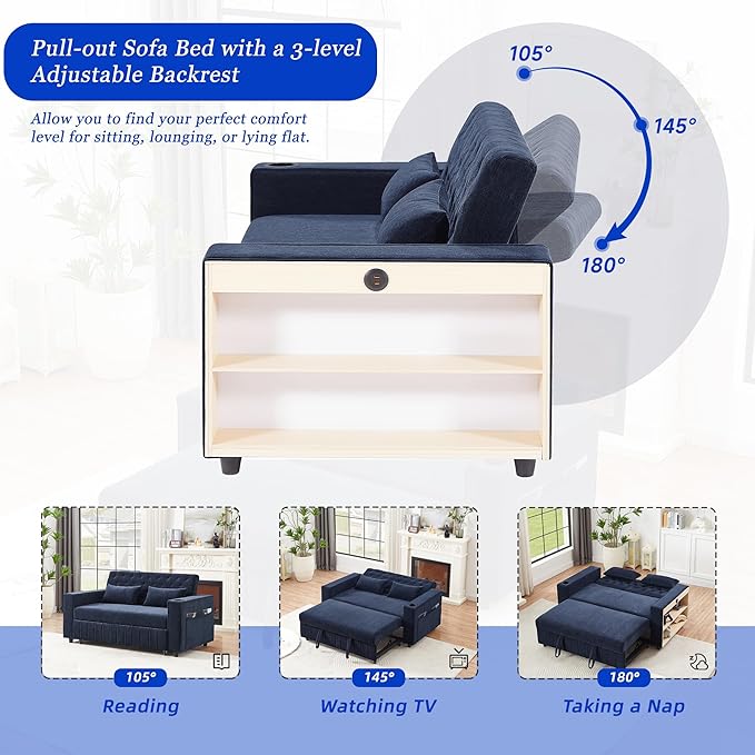 61.4 Pull-Out Sofa Bed Convertible Sleeper Sofa Bed with Adjustable Backrest Cup Holders Storage Rack Handy Side Pockets Two Lumbar Pillows Modern Loveseat Sofa for Living Room