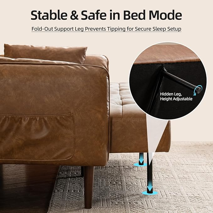 85” Futon Sofa Bed Sleeper Sofa Small Couch with Storage Adjustable Armrests Pillows Faux Leather Loveseat Mid Century Modern Couches for Living Room Bedroom Apartment Brown