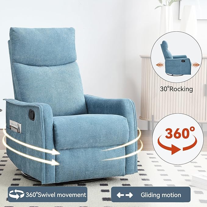 Heat Massage Manual Recliner Chair with Rocker and Swivel in Fabric for Living Room Blue