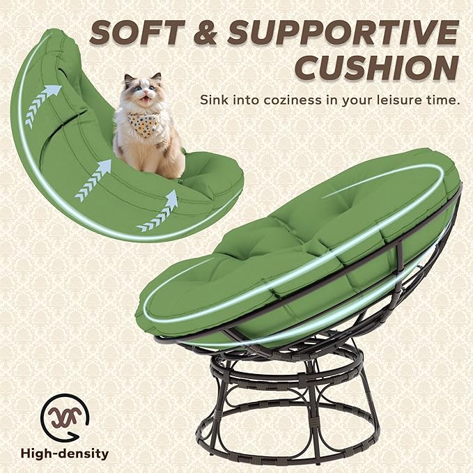 46'' Large Size Papasan Chair (Non-Swivel) with Cushion and Frame Lazy Chair for Living Room and Bedroom Green