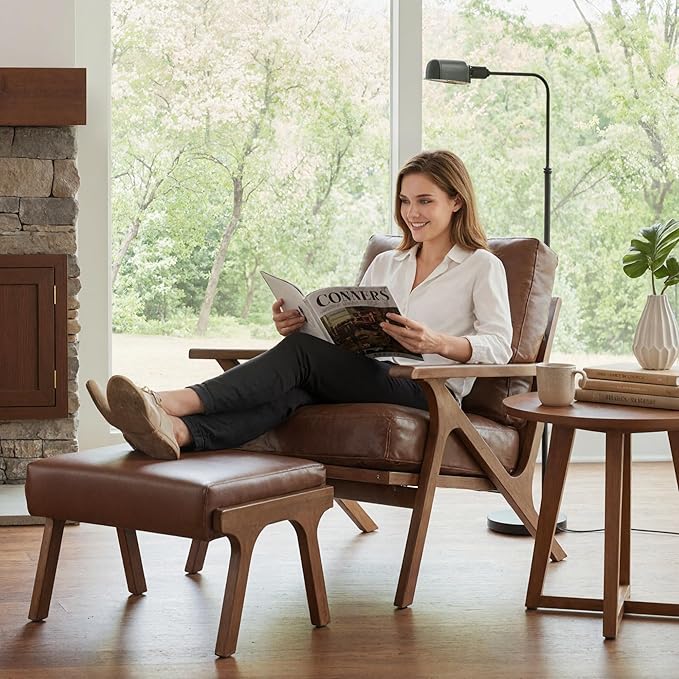 Mid Century Modern Accent Chair with Ottoman Farmhouse PU Upholstered Living Room Armchair and Ottoman Set 23 Seat Wide Retro Leisure Lounge Chair with Wood Frame for Home Bedroom Office Brown