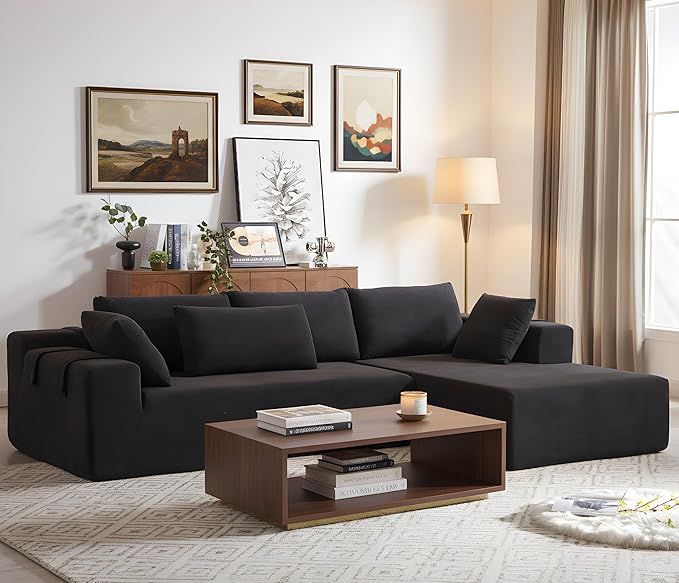KEIKI 108 L Shaped Chenille Modular Sectional Couches Sofa with 6 Pillows 4 Seater Oversized Upholstered Cloud Couch for Living Room Apartment Full Sponge Compression Black Left Chaise