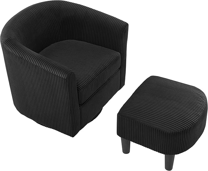 Swivel Accent Chair 360° Comfy Recliner Corduroy Arm Chair Single Sofa with Ottoman for Living Room BedroomBlack