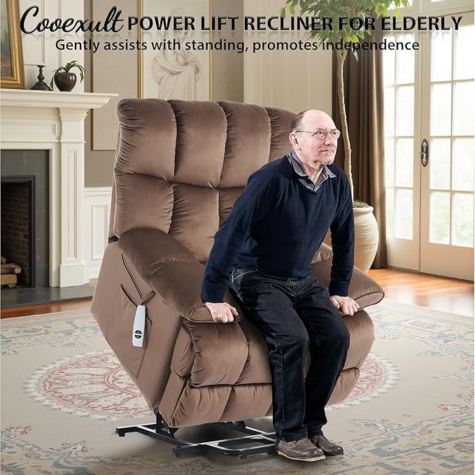 Power Lift Recliner for Elderly with Heat and Massage Electric Velvet Lift Recliner Chair with Side Pockets and USB Charge Port for Bedroom Living Room and Nursing Home Brown
