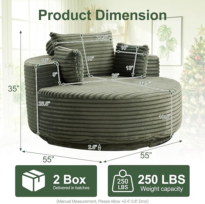 55 Oversized 360 Degree Swivel Chair Modern Round Chair Lounge Upholstered Corduroy Swivel Accent Chair with Deep Seat Comfy Fluffy Sleeper Sofa for Living Room Bedroom Apartment (Green)