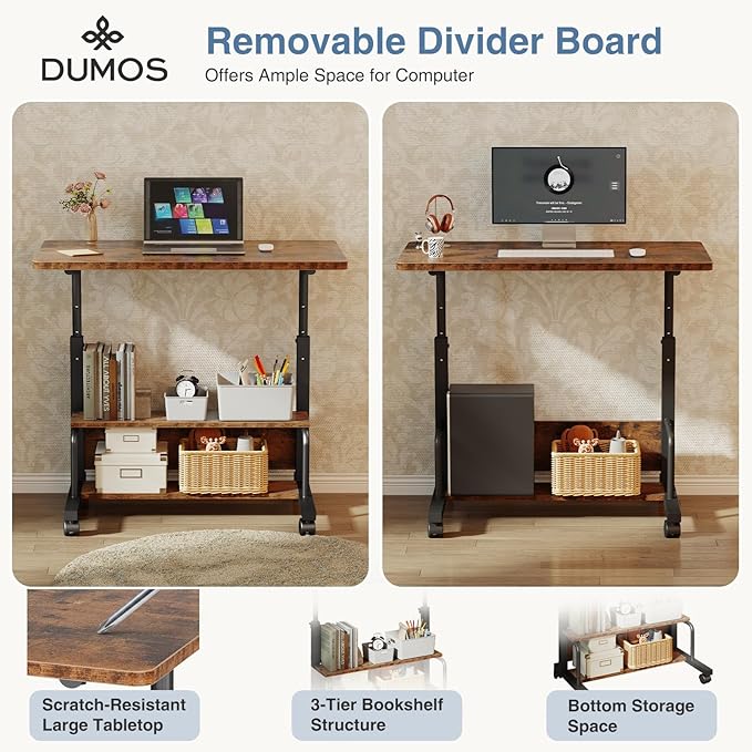 DUMOS 31.5 Manual Standing Desk Height Adjustable Mobile Computer Desk with Lockable Wheels &amp 2-Tier Storage Rolling Laptop Table for Small Spaces &amp Home Office Rustic Brown