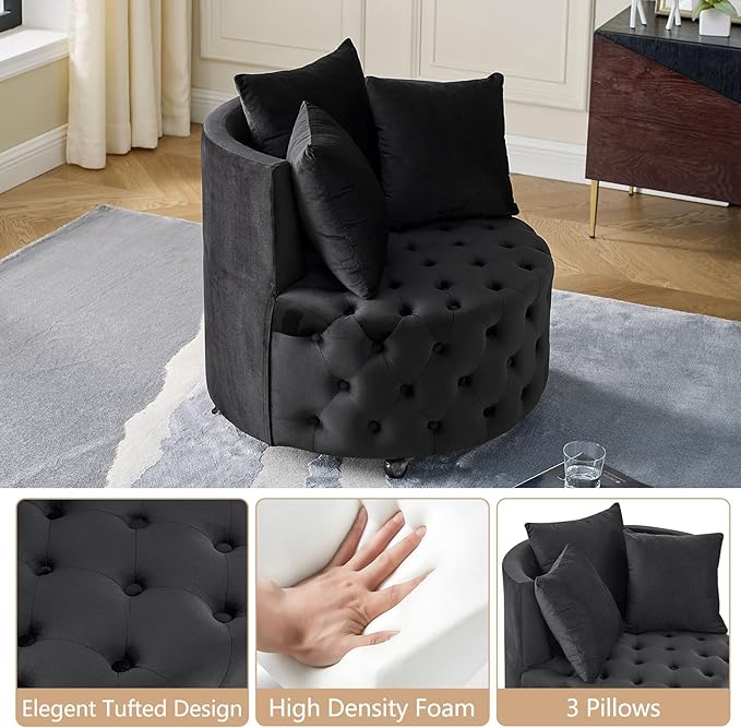 GNIXUU Swivel Barrel Accent Chair 30” Modern Velvet Round Swivel Chair with 3 Pillows and Wheels Comfy Tufted Single Club Sofa Lounge Chair for Living Room Bedroom(Black).