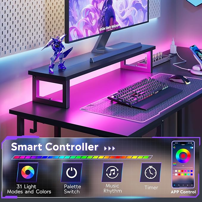 DEVAISE 55 Inch L Shaped Gaming Desk with LED Lights &amp Power Outlets Corner Desk for Small Spaces Sturdy PC Computer Table with Storage for Home Office Black