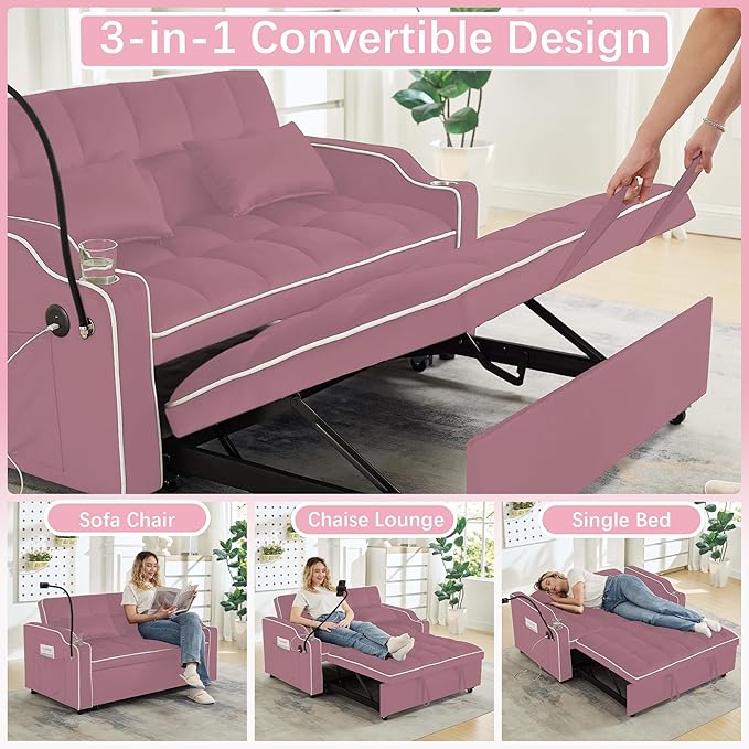 Loveseat Sofa Bed with USB Ports Phone Holder &amp Cup Holders | Convertible Futon Couch for Small Spaces Pull-Out Sleeper Sofa for Living Room &amp Apartments (Pink)