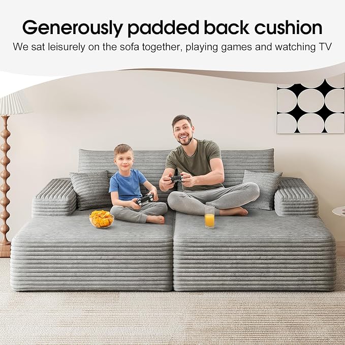 80.3''Oversized Double Lounge Chaise Sofa Bed Boneless Cloud Couch Deep Seat No Assembly Required Modern Corduroy Sleeper Loveseat Chair for Living Room Bedroom Reading(Grey)