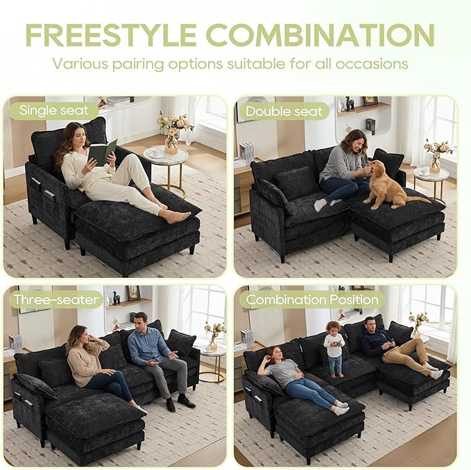 113 Chenille Modular Sectional Sofa Convertible L Shaped Modular Sofa Comfy Cloud Couch with Ottoman Side Pockets and 5 Throw Pillows for Living Room (Black 113'' - 4 Seat)