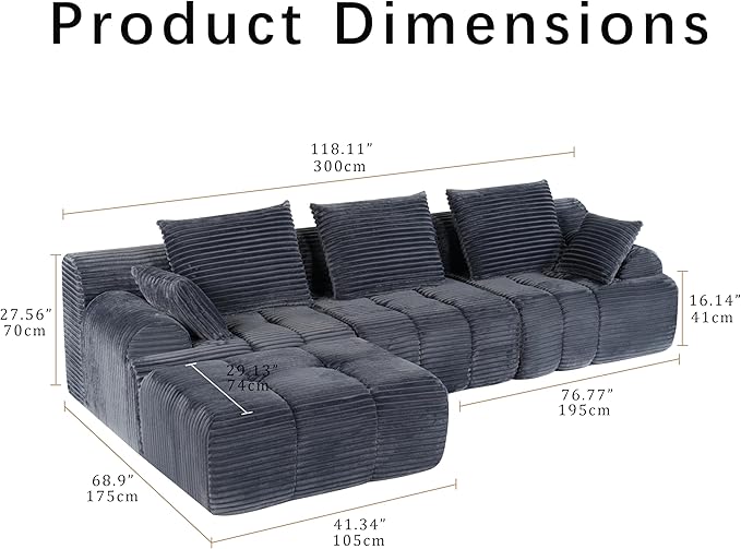 Corduroy L-Shaped Compressed Boneless Sectional Sofa with Ottoman - Retro Soft Upholstered Modular Couch for Living Room &amp Small Apartment Cloud-Like Contouring Seating(Dark Gray)