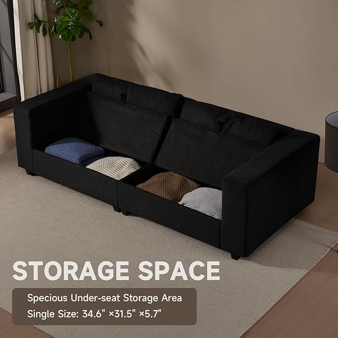 87'' Sofa Couch with Storage Deep Seat Couch for Living Room Comfy 2-Seater Moder Sofa Apartment Couches Black