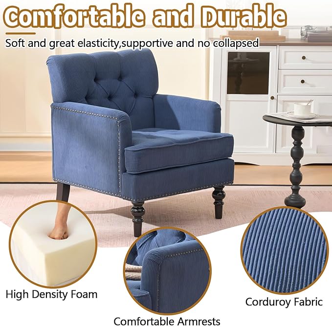 Mid Century Modern Accent Chair Corduroy Upholstered Armchair Tufted Club Chair with Solid Wood Legs Comfy Single Sofa Reading Chair for Living Room Bedroom Office (Blue)