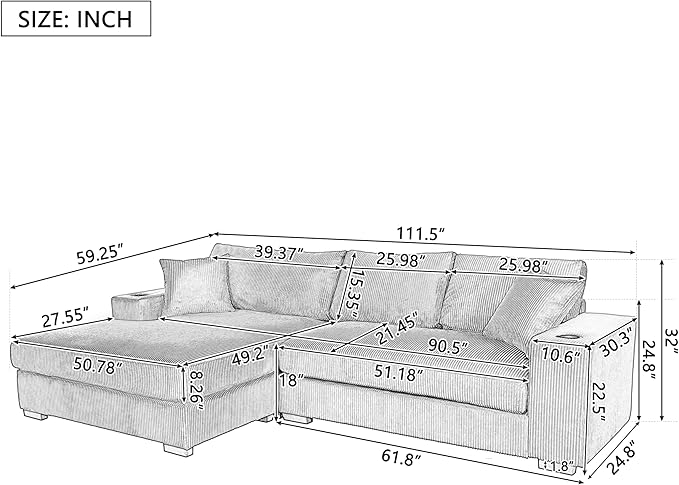 Ball &amp Cast Oversized L-Shaped Sectional Sofa with ChaiseLarge Comfy Upholstered Couch W/Thick CushionBuilt-in Cup Holders &amp Charging PortsWide &amp Thick Armrests &amp Seat Designfor Li