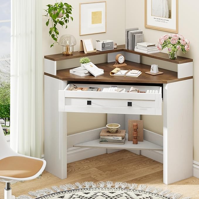 Corner Desk Triangle Computer Desk Home Office Workstation with Drawer and Monitor Stand for Small Spaces Farmhouse Corner Vanity Table for Bedroom Study Living Room (Rustic White and Brown)